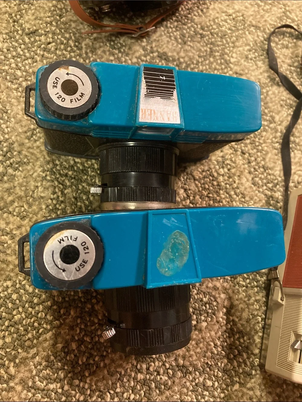 4 vintage film cameras plastic cycle up decor shelf pieces props as is
